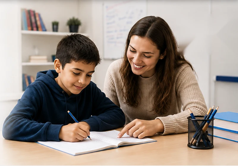 Lehrerin unterstützt einen Schüler beim Lernen
